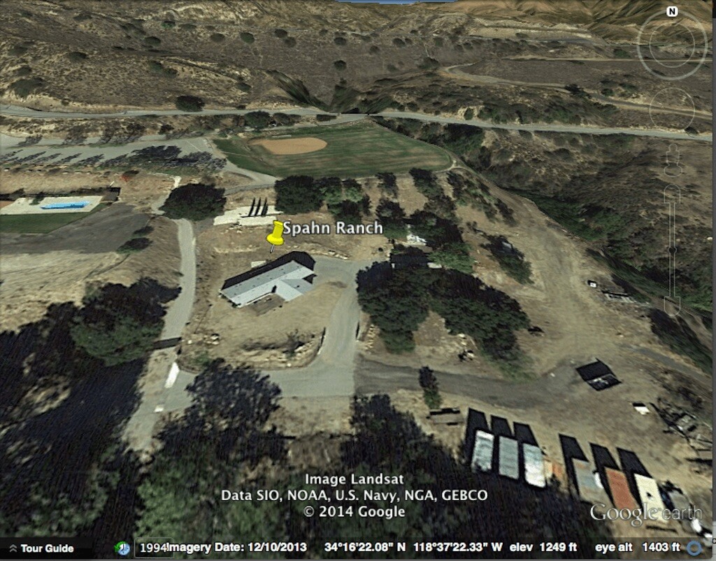 Координати на ранчото Spahn в Google Earth. Известното скривалище на Чарлз Менсън и семейството му по време на прословутата им серия от убийства.