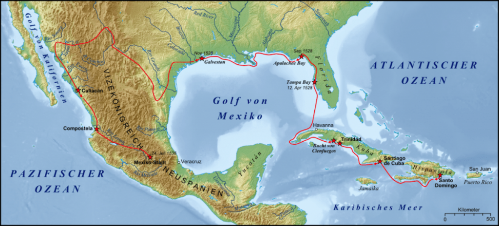 Маршрут на експедицията на Нарваес (до ноември 1528 г. на остров Галвестън) и историческа реконструкция на по-късните странствания на Кабеса де Вака. Снимка: Уикипедия.