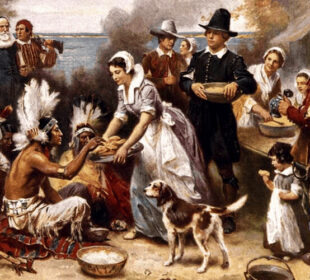 Depiction of the first Thanksgiving. Source: Wikimedia Commons, public domain.