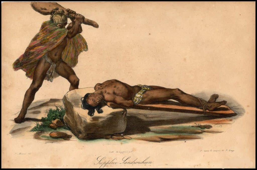 Изображение на хавайско жертвоприношение. Източник: Жак Араго 1822. 