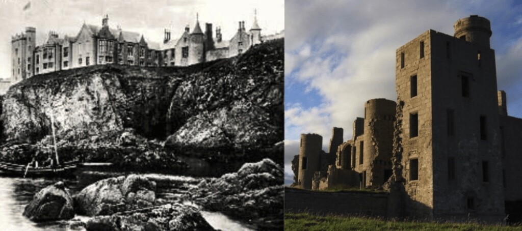 Замъкът Slains преди и след премахването на покрива. Източник: Wikimedia Commons, CC.