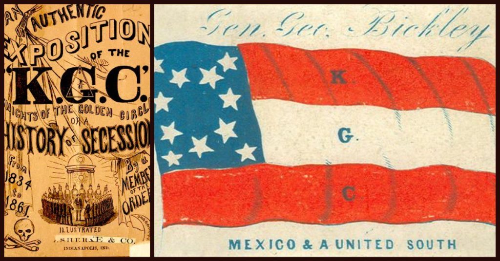 Portada de un libro de 1861 dedicado a los Caballeros del Círculo Dorado (L) y su supuesta bandera (R).