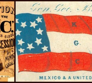 Portada de un libro de 1861 sobre los Caballeros del Círculo Dorado (L) y su supuesta bandera (R).