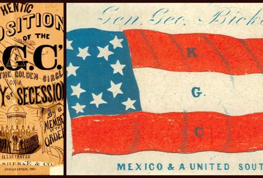 Portada de un libro de 1861 sobre los Caballeros del Círculo Dorado (L) y su supuesta bandera (R).