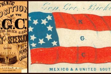 An 1861 book cover on the Knights of the Golden Circle (L) and their purported flag (R).