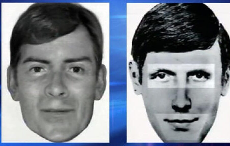 Comparison photo of a young Peter Tobin and the police sketch of Bible John