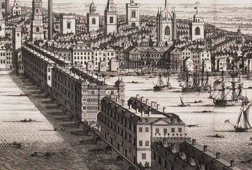 Старият лондонски мост през 1710 г.