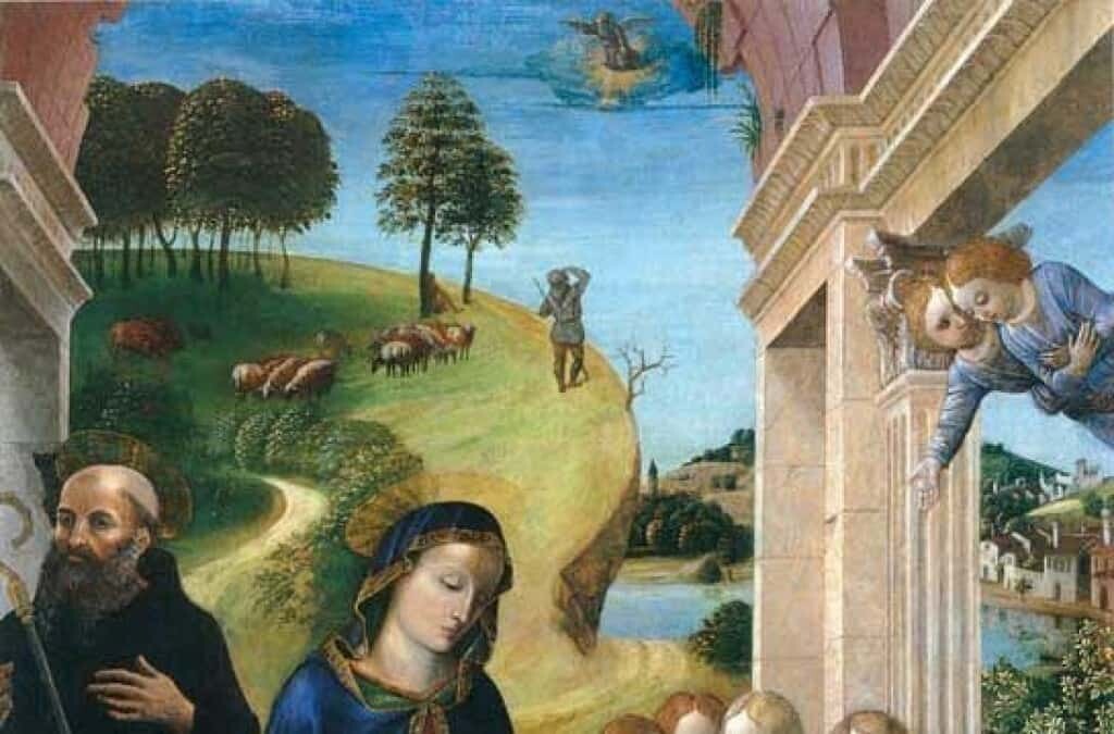 Пастир гледа ангел върху лъчезарен облак. Сцена, откъс от 