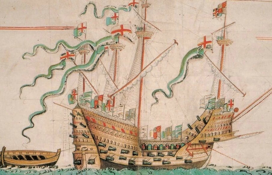 A fairly accurate depiction of the Mary Rose by Anthony Roll.