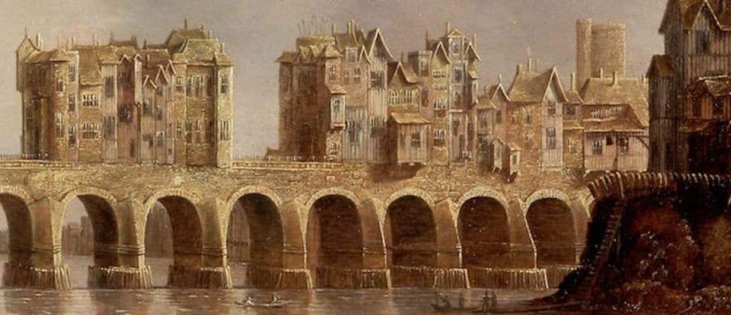 Старият лондонски мост, както изглежда на тази маслена картина от 1632 г. "Изглед на Лондонския мост" на Клод де Йонг