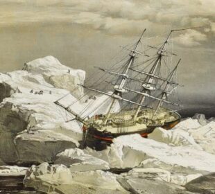 A expedição Franklin foi perdida após zarpar em 1845 para encontrar a Passagem Noroeste. Desenhador, Ten. S. Gurney Creswell, 1854. Domínio público.