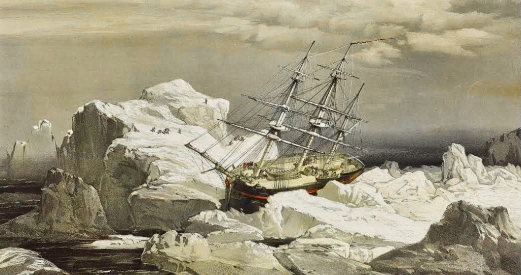 L'expédition de Franklin a péri après avoir appareillé en 1845 pour trouver le passage du Nord-Ouest. Croquis d'artiste, lieutenant S. Gurney Creswell, 1854. Domaine public.