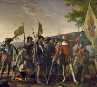 1492 年克里斯托弗·哥伦布登陆。约翰·范德林 1847 年，公共领域。