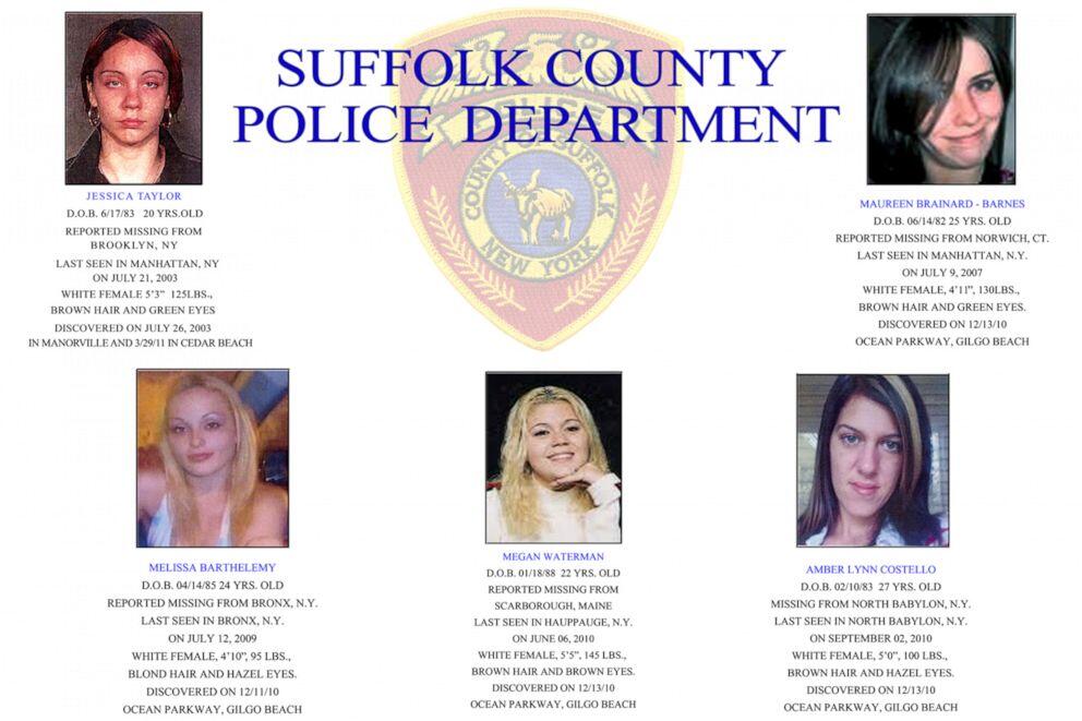 Информационна брошура на полицията на окръг Съфолк от 2011 г., показваща пет от 10-те известни жертви на серийния убиец от Лонг Айлънд, открити близо до плажа Гилго.