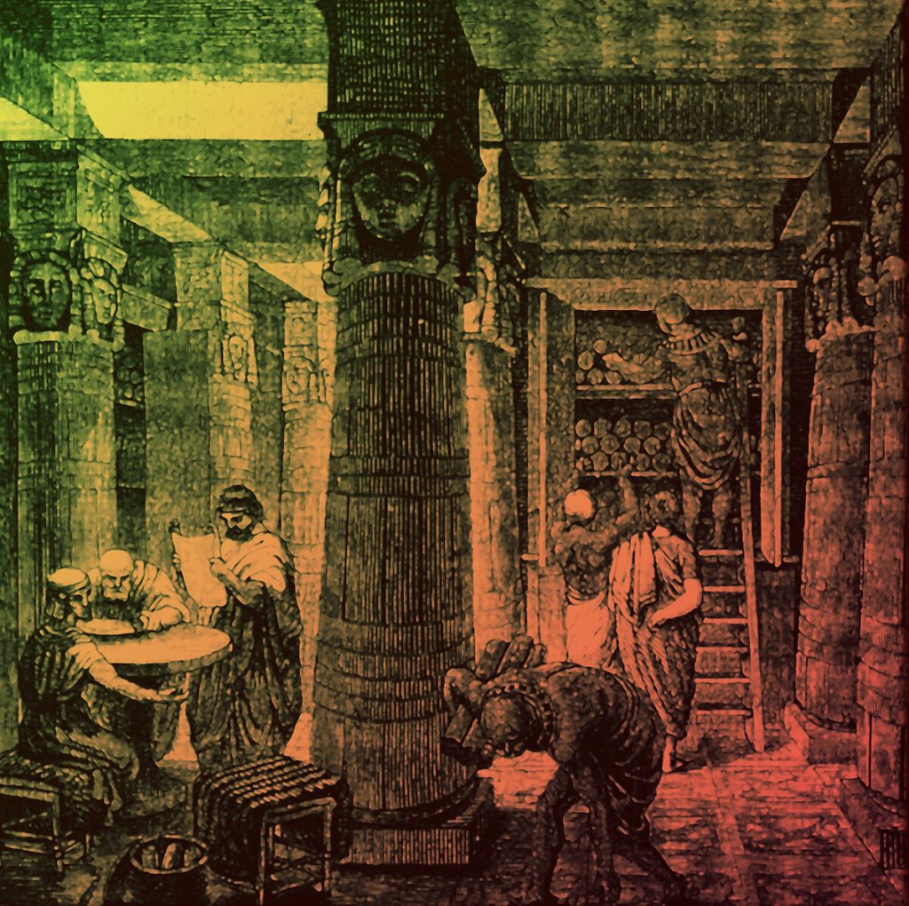 Interpretación del artista O. von Corwen de la Biblioteca de Alejandría basada en datos arqueológicos (en color).