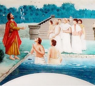 A painting of Thomas baptizing the Brahmins inside the Syro-Malabar church at Palayur, Kerala, India
