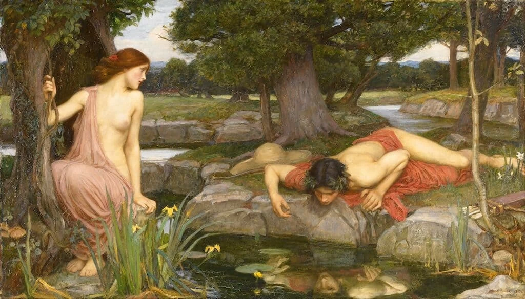 Echo mira a Narcisse mientras él mira con nostalgia su propio reflejo. JW Waterhouse, 1903