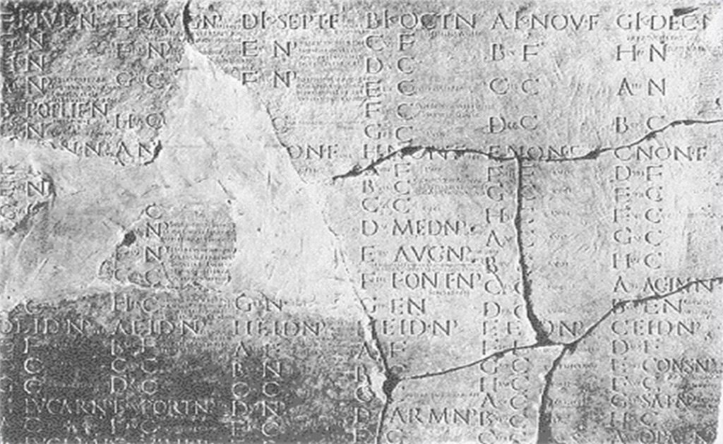 Calendario juliano en piedra desde la época de Augusto hasta Tiberio con semanas de 8 días. Historia de año nuevo.