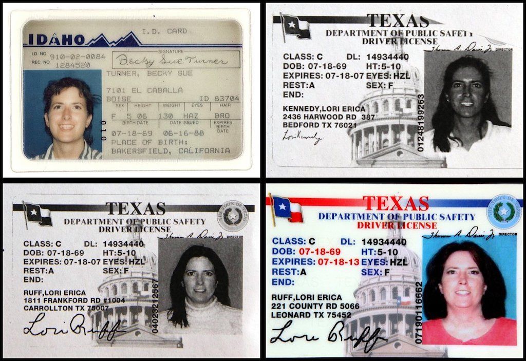 Различни идентификационни карти на Лори Руф (известна още като: Кимбърли Маклейн), извлечени от Администрацията за социално осигуряване.