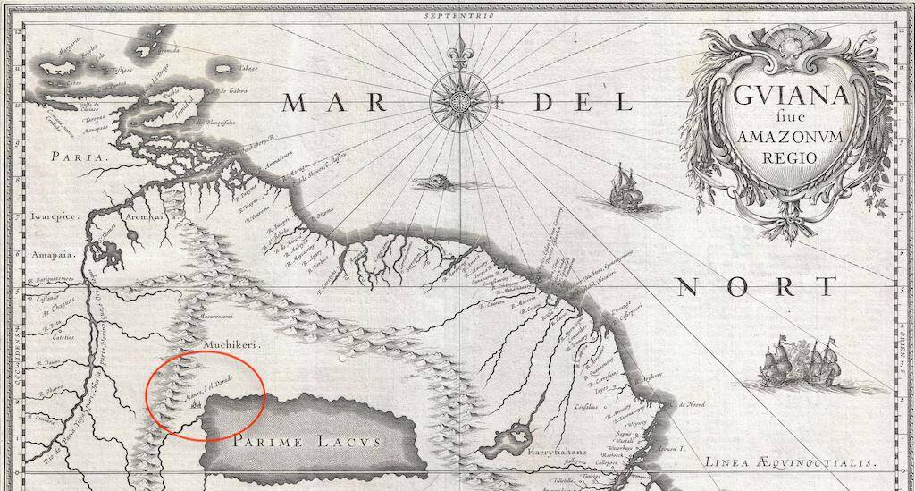 جزء من خريطة تعود لعام 1635 لشمال شرق أمريكا الجنوبية. "إلدورادو" محاطة بدائرة حمراء.