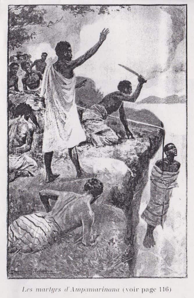 La reina Ranavalona ordena que varios mártires cristianos de Madagascar sean colgados en acantilados. Wikimedia, dominio público.