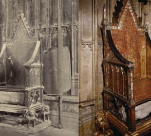 De Stone of Scone in Westminster Abbey in de kroningsstoel.