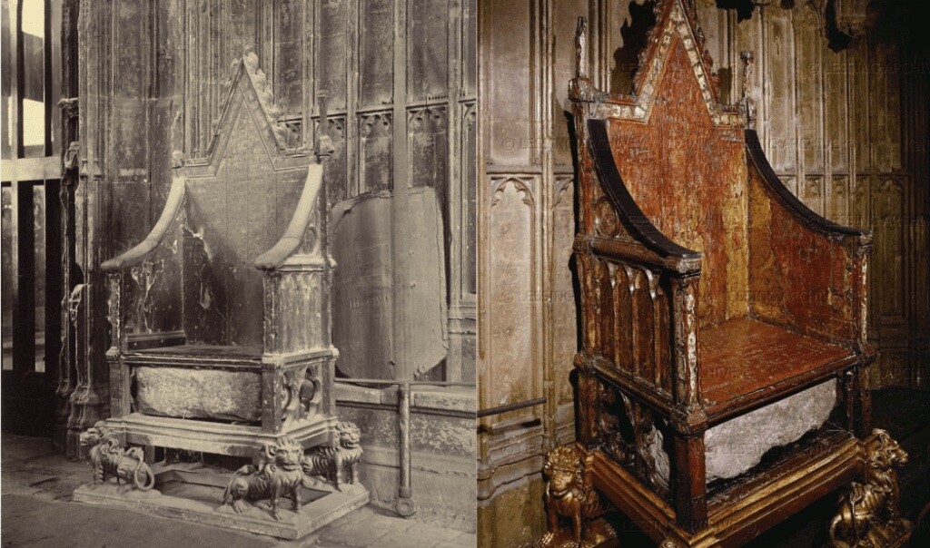 A Pedra do Scone na Abadia de Westminster na Cadeira da Coroação.
