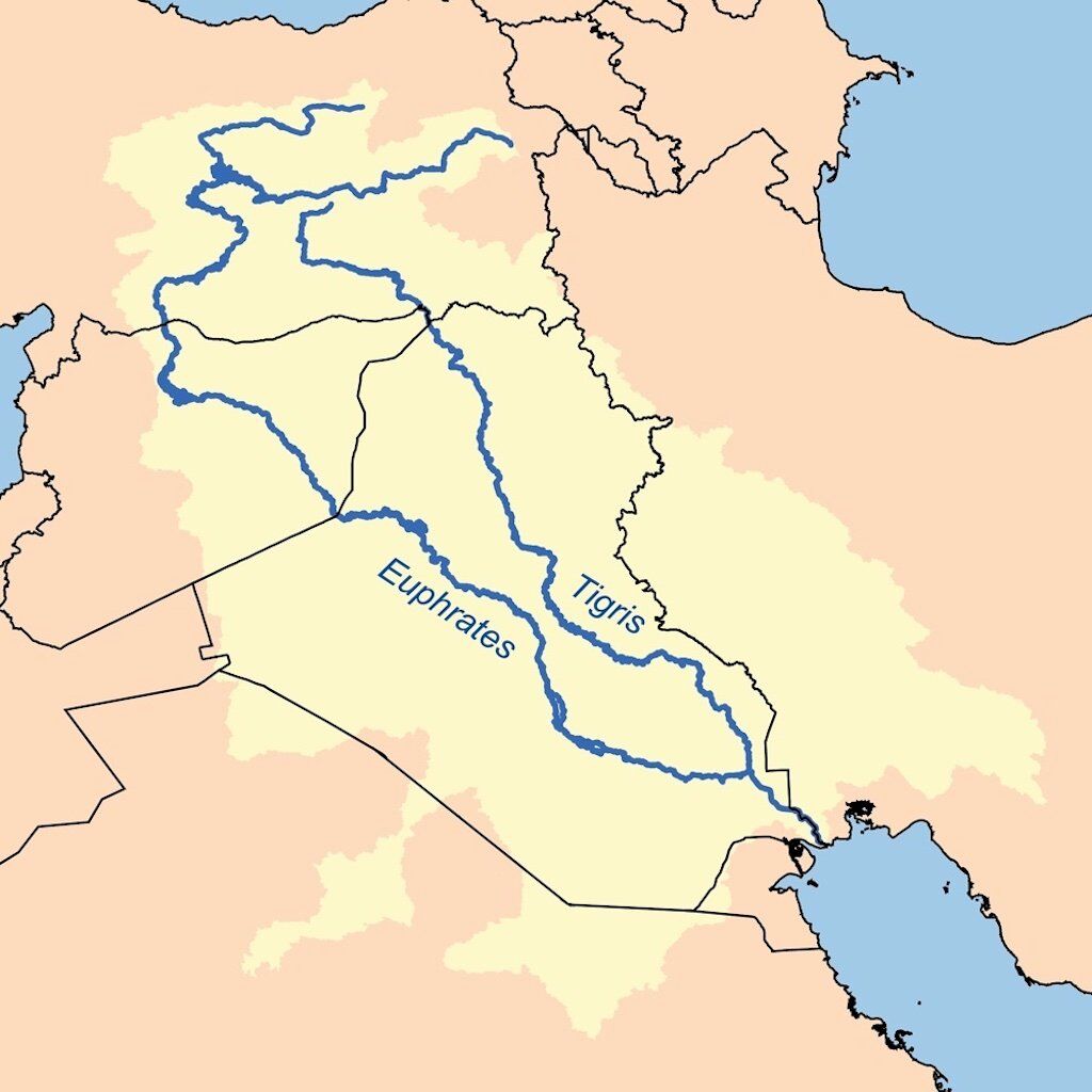 Карта на реките Тигър и Ефрат по данни на USGS. 
