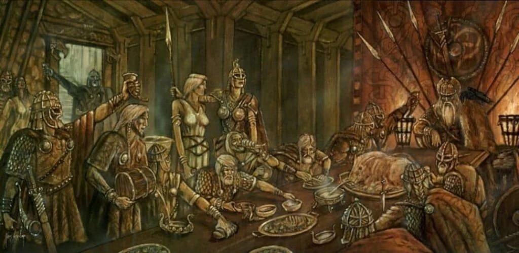 Elke dag genoten de Einherjar van het beest Saerimner en dronken mede van de geit Haidrun. Feest in Walhalla.