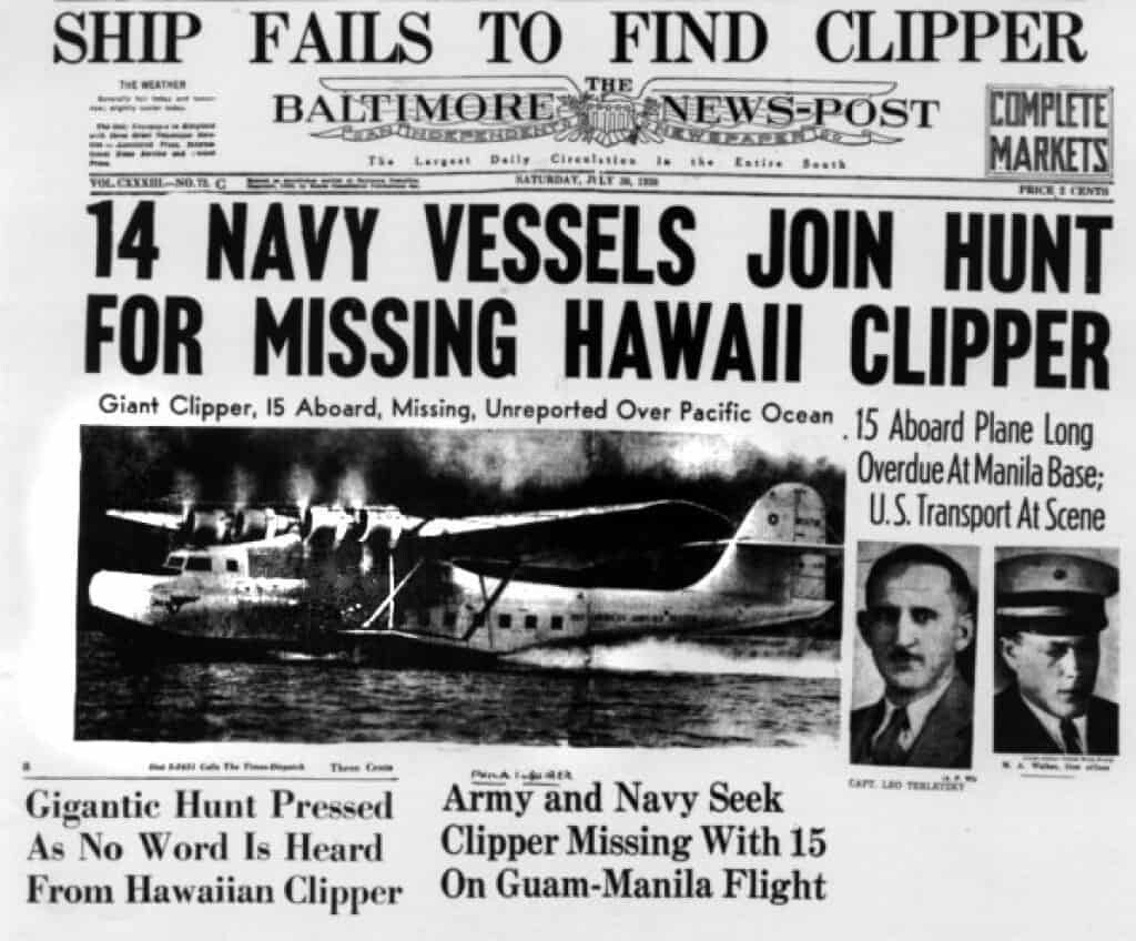 Baltimora News Post sulla scomparsa dell'Hawaii Clipper