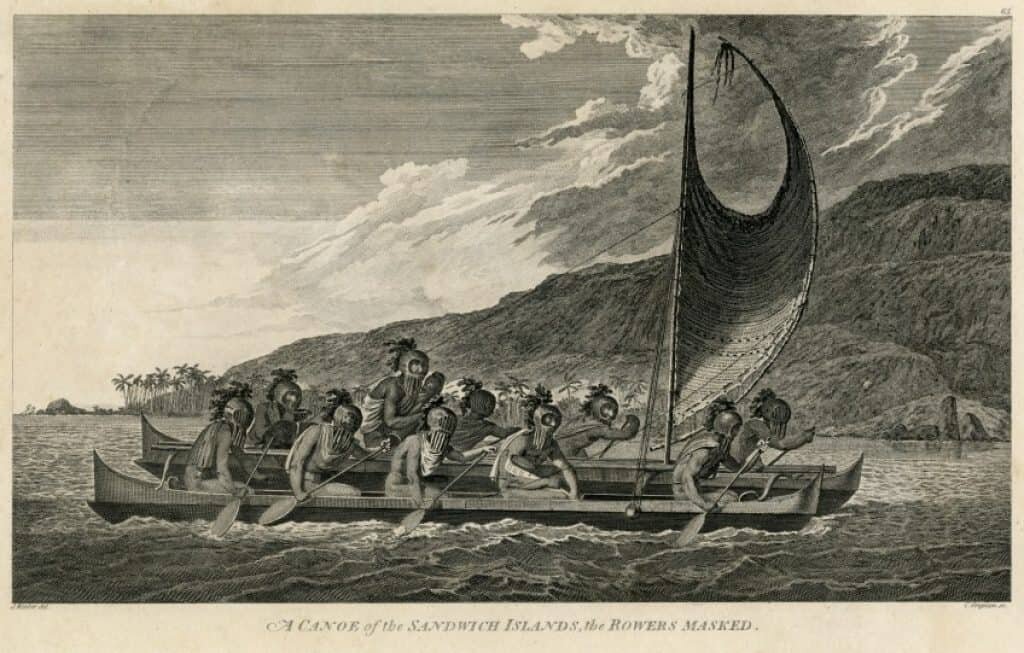 Een tekening uit 1781 van Hawaiianen in een dubbelwandige kano door kunstenaar John Webber aan boord van Captain Cook