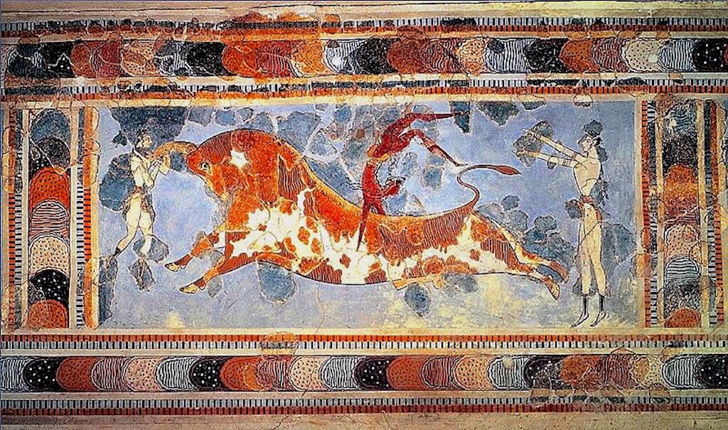 Fresco met de sport van het stierenspringen in de Minoïsche stad Knossos.