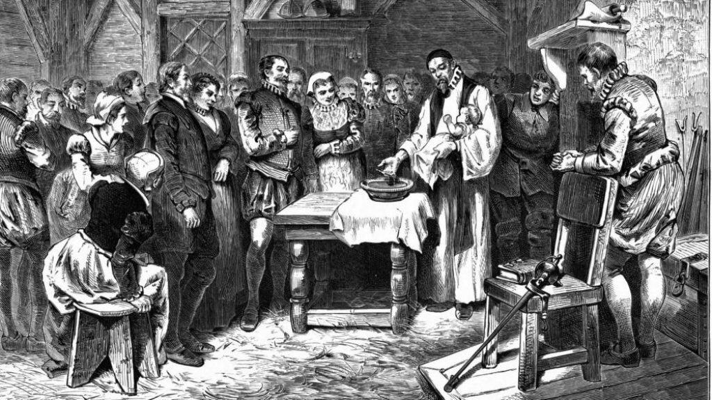 Кръщението на Вирджиния Даре, първото английско дете, родено в Северна Америка 1880 г., литография. Изгубената колония Роанок е известна мистерия в историята на САЩ.