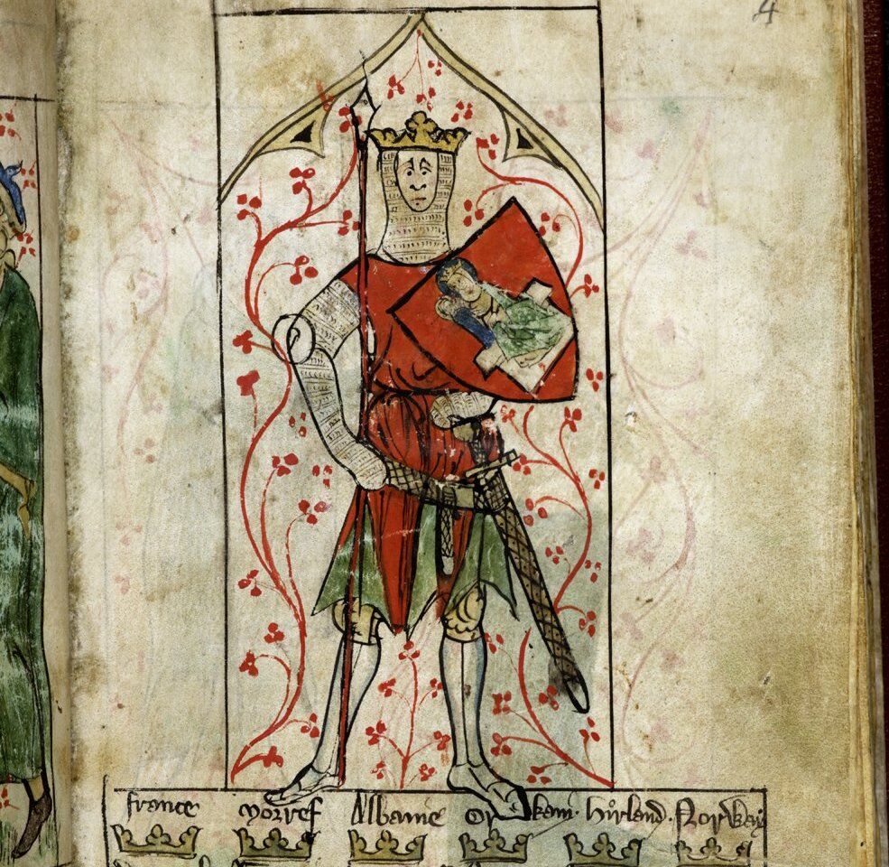 Koning Arthur uit een 20e-eeuws manuscript, BL Royal 4 A II, f. XNUMX.