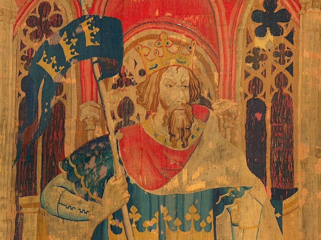Immagine di Re Artù (dall'Arazzo dei Nove Eroi), 1385 circa.