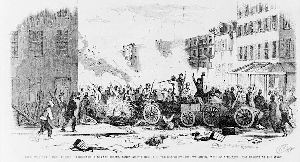 илюстрация на бой между Bowery Boys и Dead Rabbits през 1857 г. в Шести район, Ню Йорк.