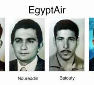 صور غير مؤرخة لطاقم قمرة القيادة في رحلة مصر للطيران رقم 990 (من اليسار إلى اليمين: الكابتن أحمد الحبشي، والكابتن رؤوف نور الدين، والكابتن جميل البطوطي، والكابتن عادل أنور). صور جيتي.