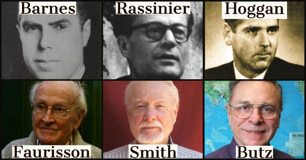 Revisionistas del Holocausto (arriba de izquierda a derecha) Henry Elmer Barnes, Paul Rassinier y David Hogan. (abajo de izquierda a derecha) Robert Forison, Bradley R. Smith y Arthur Butz.