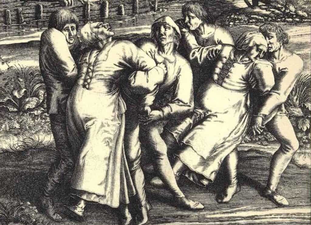 Un'incisione di Hendrik Hondius del 1642 raffigura tre donne colpite dalla peste danzante.