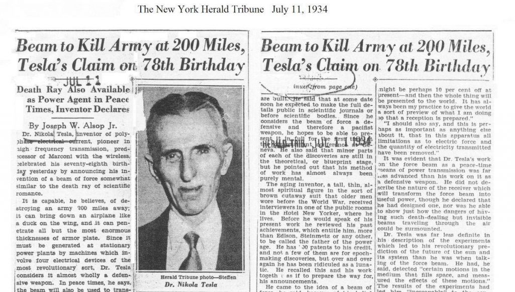 Статия в New York Herald Tribune от 11 юли 1934 г., в която се обсъжда лъчът на смъртта.